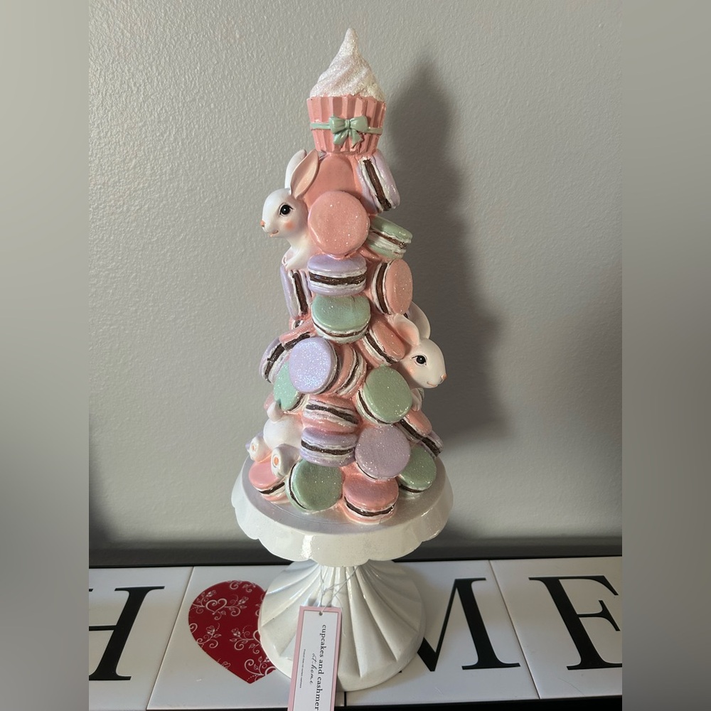 Cupcakes and Cashmere Easter Macaroon Hiding Bunny Tree Cake Pedestal 19" NEW